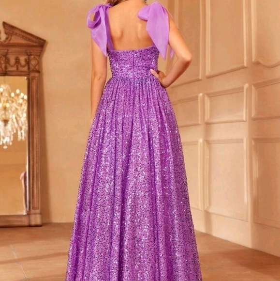 Purple Sequined, A Line, Pleated, Sleeveless, Gown - Picture 3 of 9
